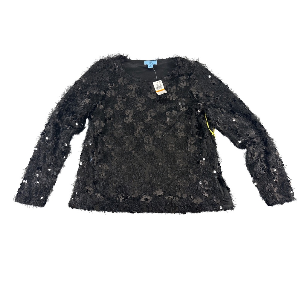 CeCe Black Sequin Eyelash Fringe Long Sleeve Top C1561201 Size S NWT